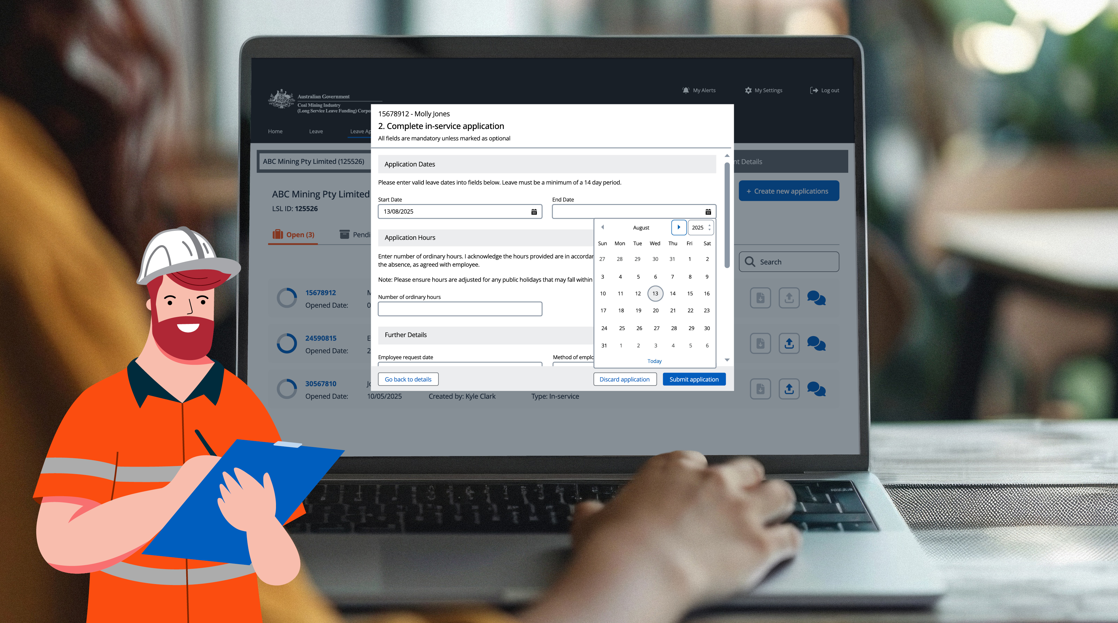 Animated mine worker with zoomed in screenshot of DLS on a laptop. A zoomed in image from the Digital Leave Application process on a laptop, with an animated mine worker standing alongside.