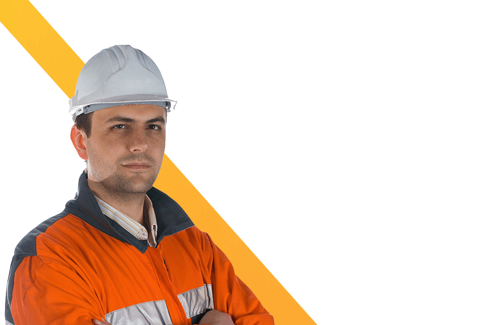 Mine worker wearing a high visibility orange shirt and white hard hat.